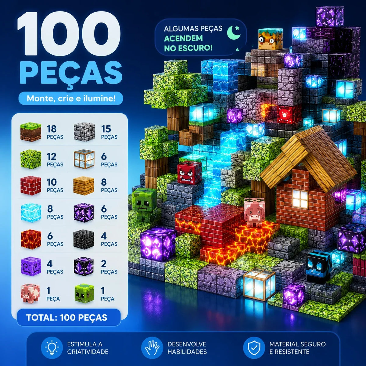 BlocoCraft | Blocos Magnéticos com Luzes - Creative Brinquedos