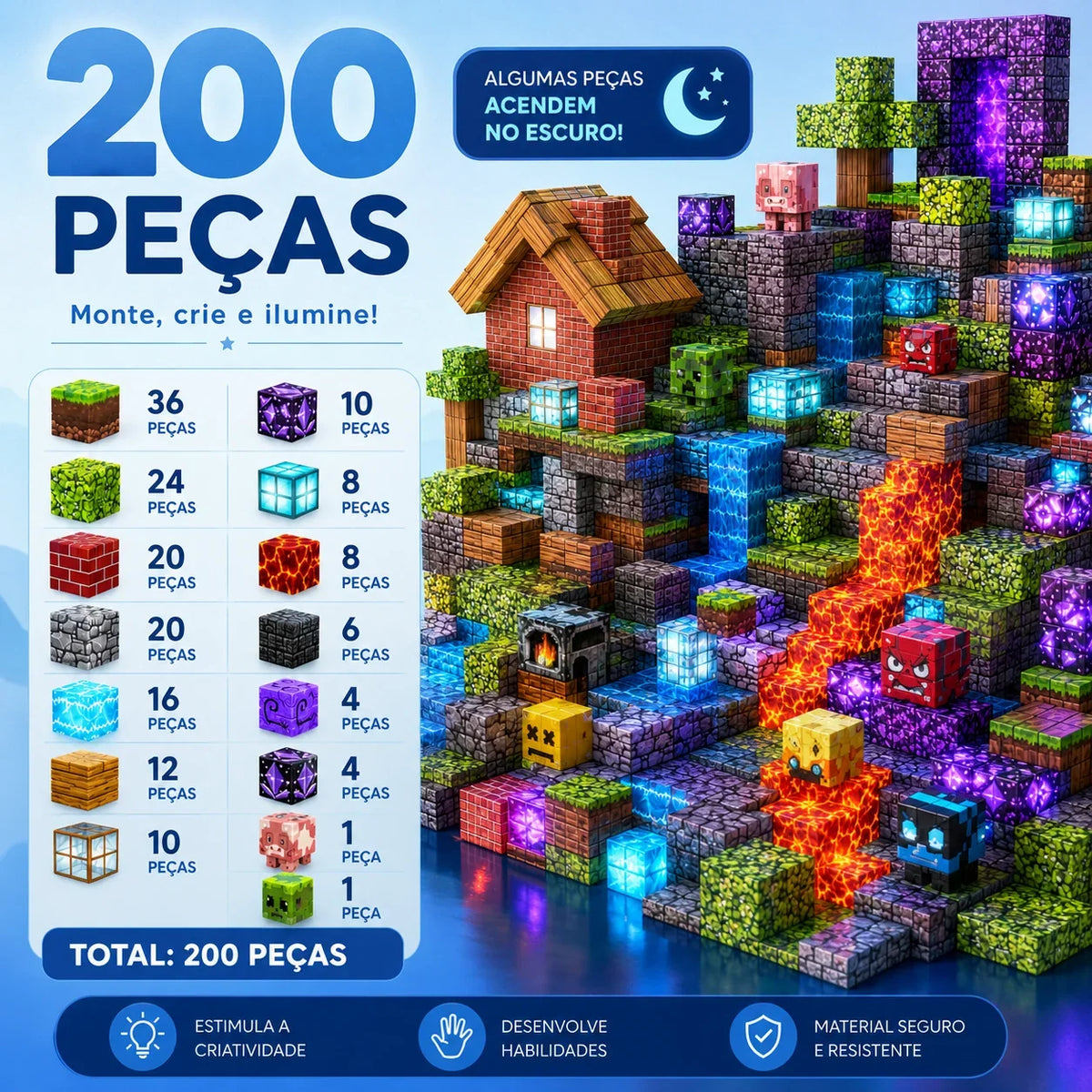BlocoCraft | Blocos Magnéticos com Luzes - Creative Brinquedos